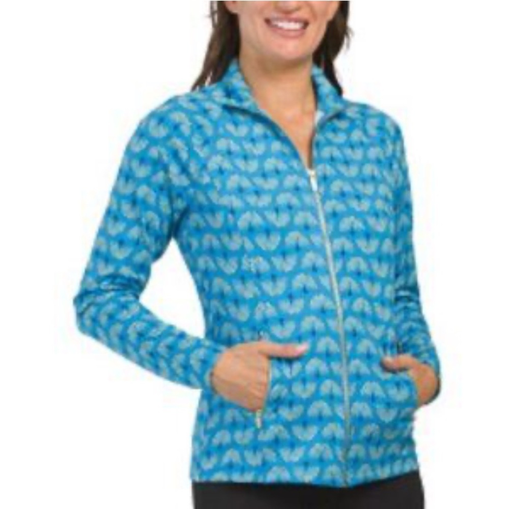 Sigrid Olsen Golf and Tennis Blue and White Shell Pattern Collared Zip Jacket XL
